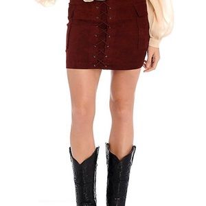 Burgundy Faux Suede Lace Up Pocketed Mini Skirt